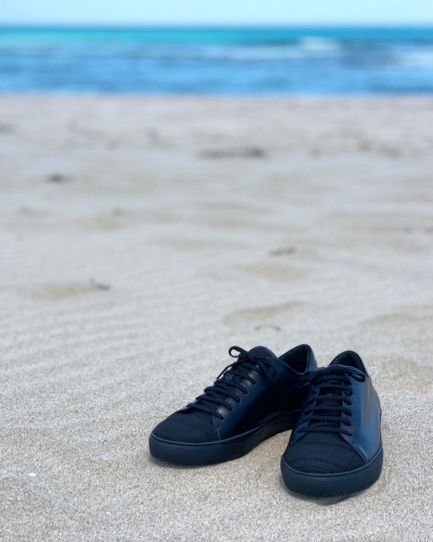 【SAKIORI】裂き織りレザースニーカー ブラック